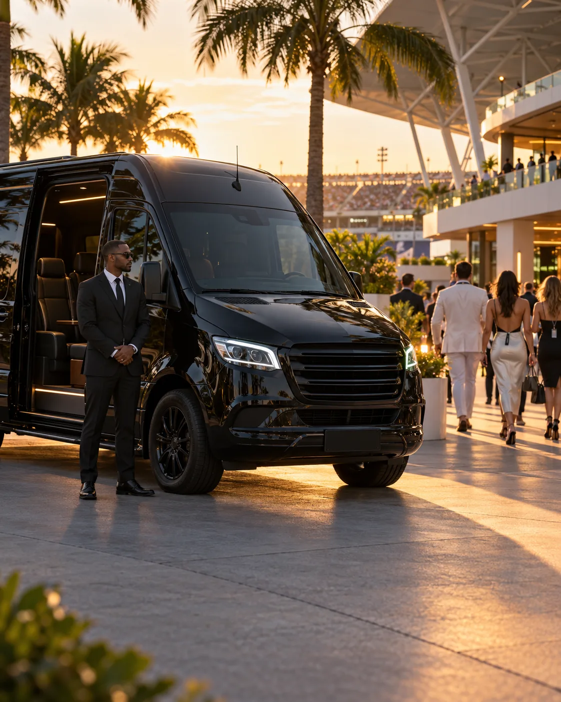 A chauffeur waits beside a black Mercedes Sprinter as guests in summer whites walk toward the grandstands at sunset.