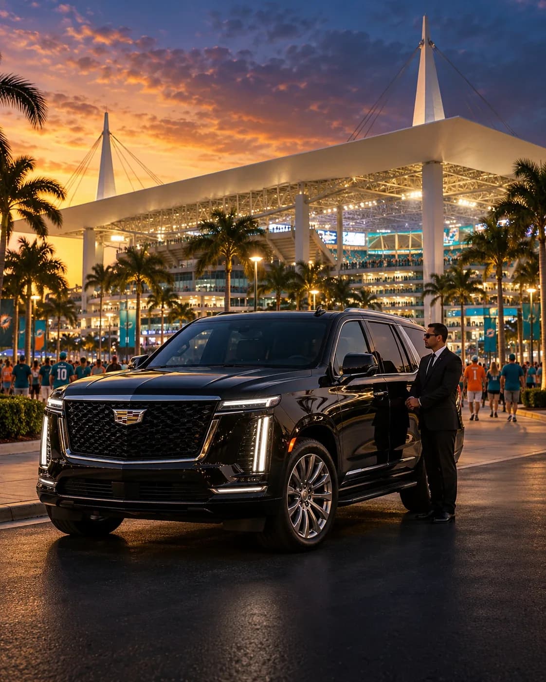 A black Cadillac Escalade and its chauffeur outside Hard Rock Stadium on a Dolphins game day at sunset.