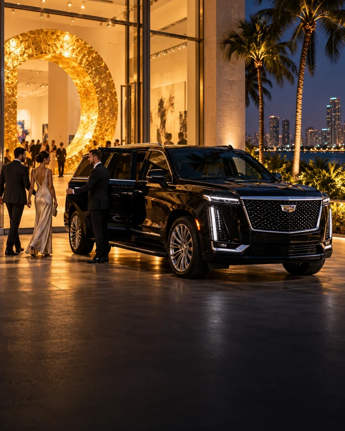 A chauffeur opens the door of a black Cadillac Escalade for a couple in evening wear outside a Miami gallery at night.