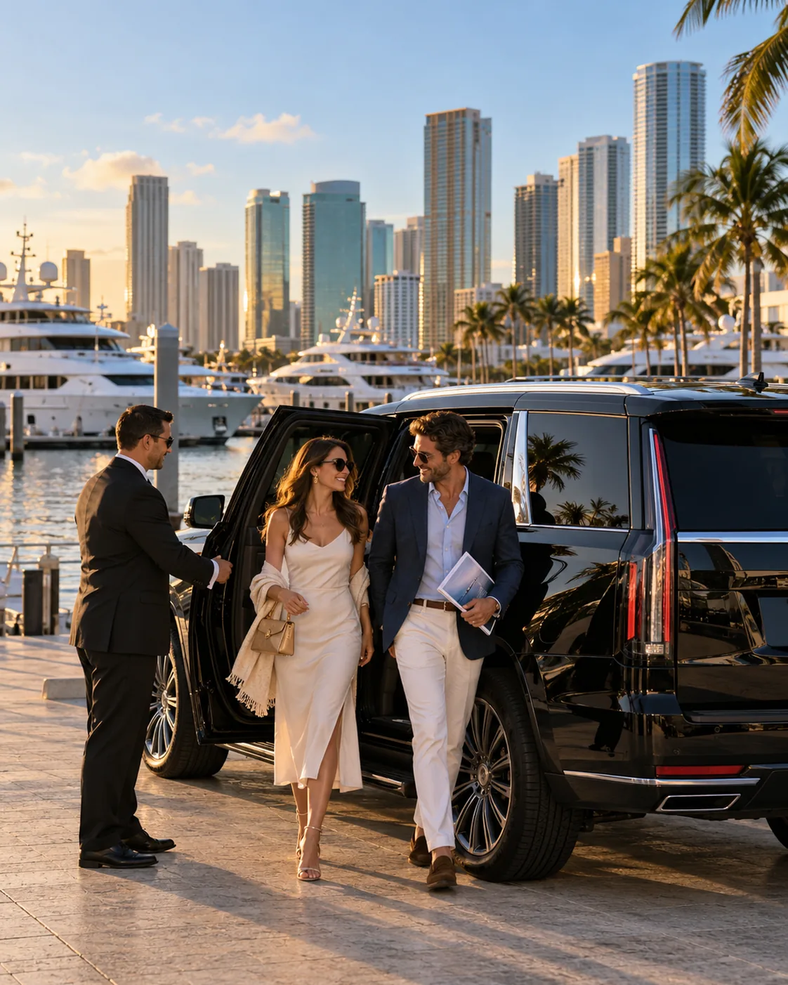 A chauffeur holds the door of a black Cadillac Escalade for a couple at a downtown Miami marina lined with superyachts.