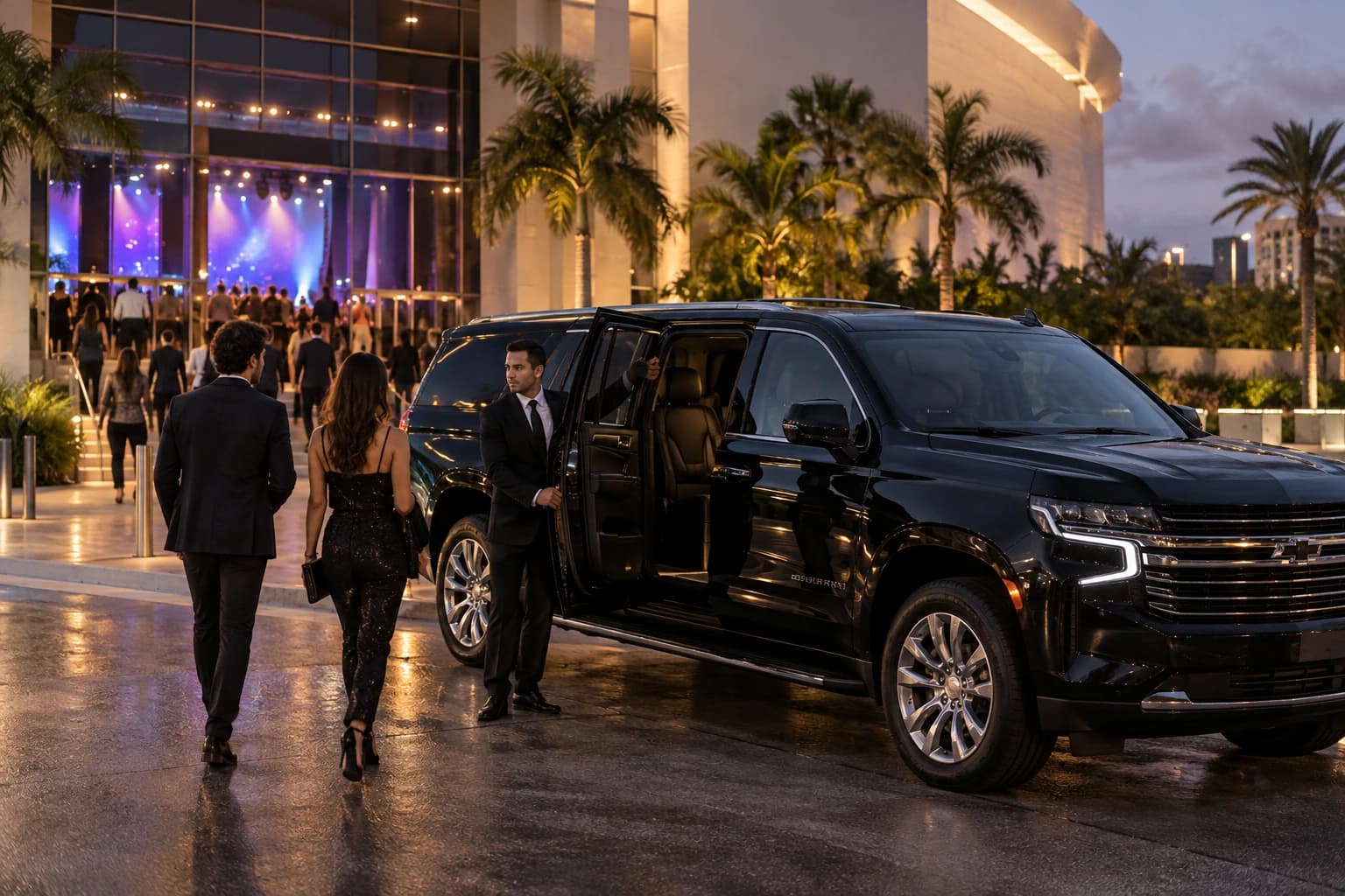 Chauffeured luxury vehicle outside an arena on a concert night.