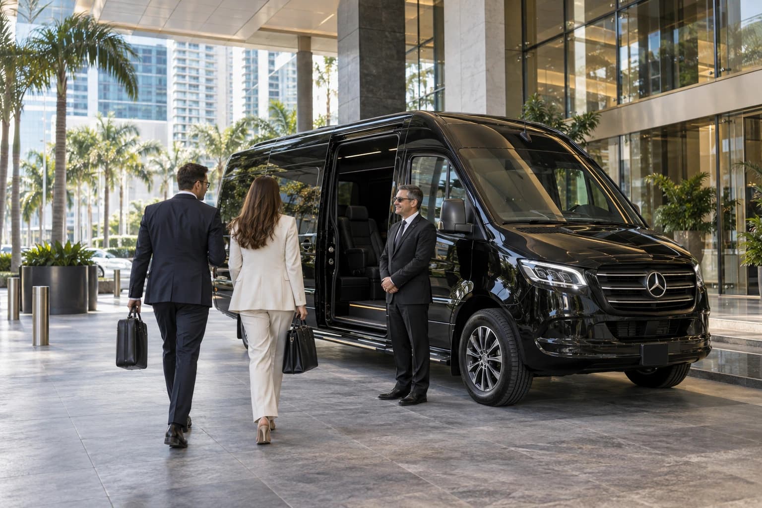 Chauffeur beside a black luxury sedan waiting for a business traveler.