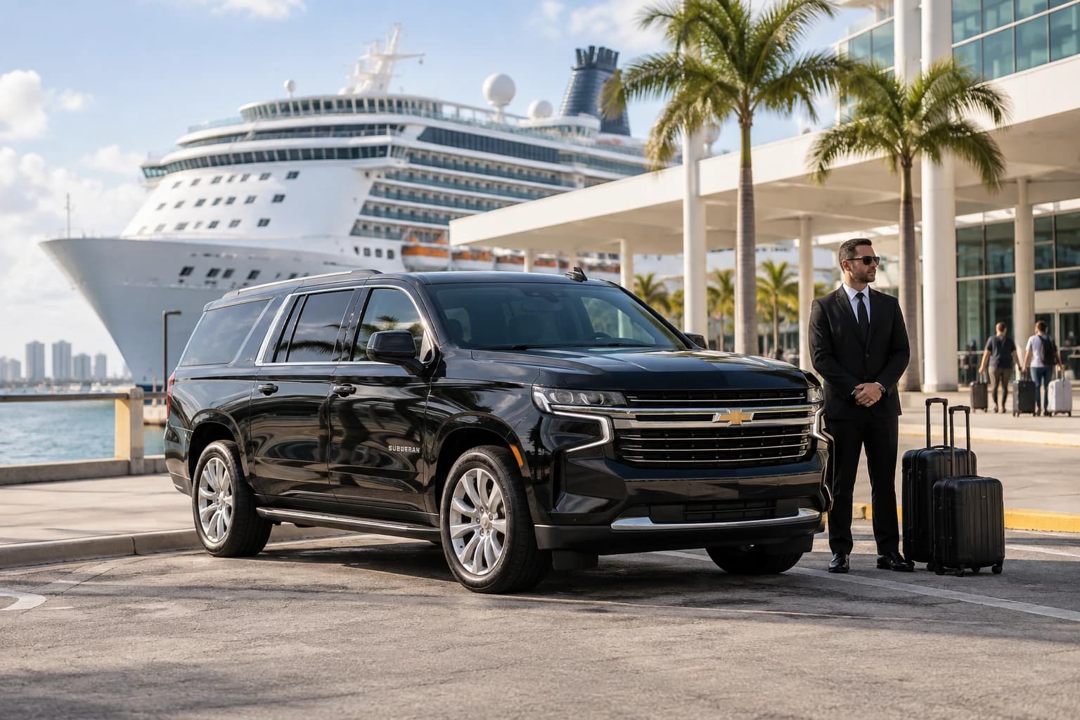Black SUV and chauffeur at a cruise terminal with a white cruise ship in the background.
