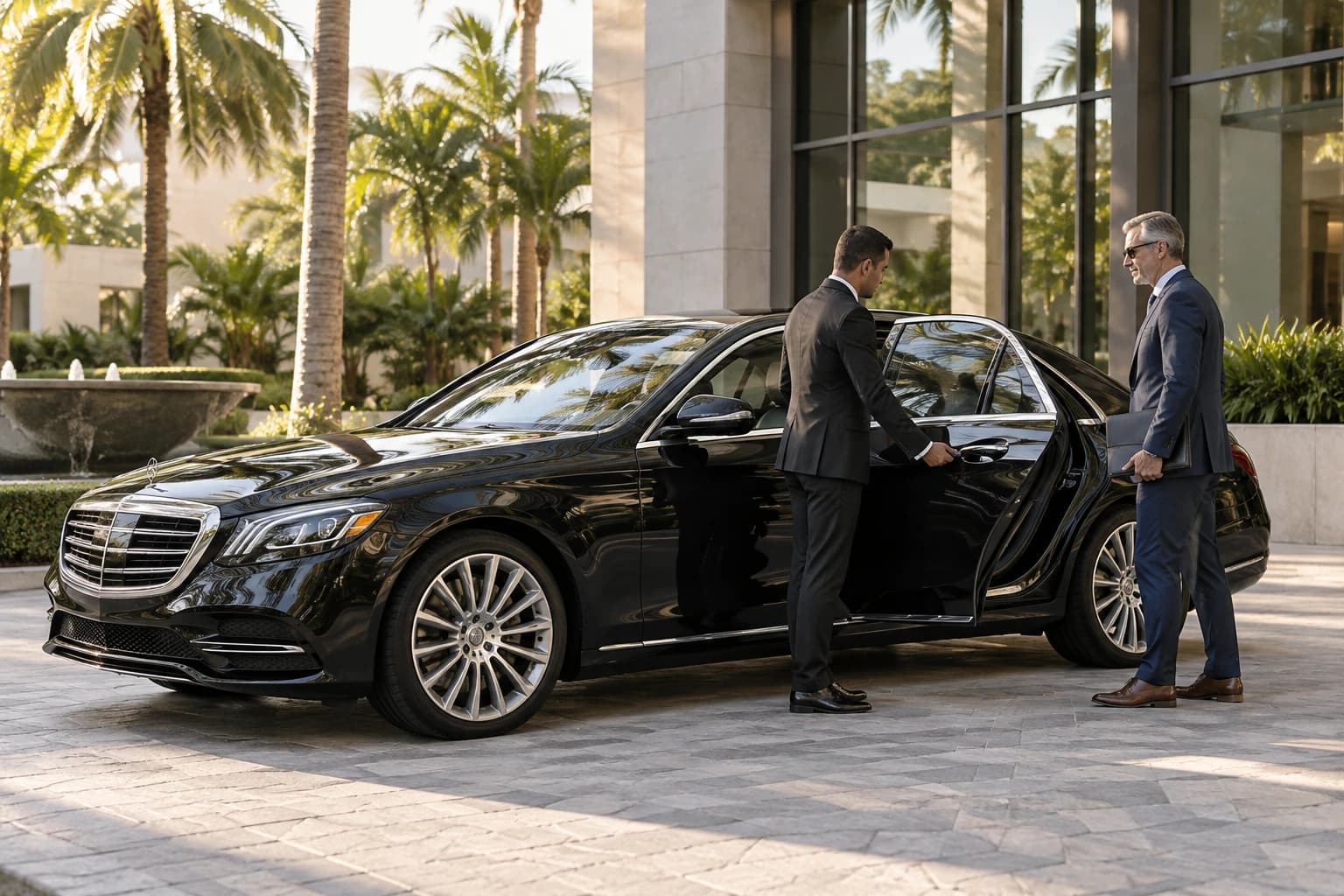 Chauffeur opening a black luxury sedan door for an executive outside an office building.