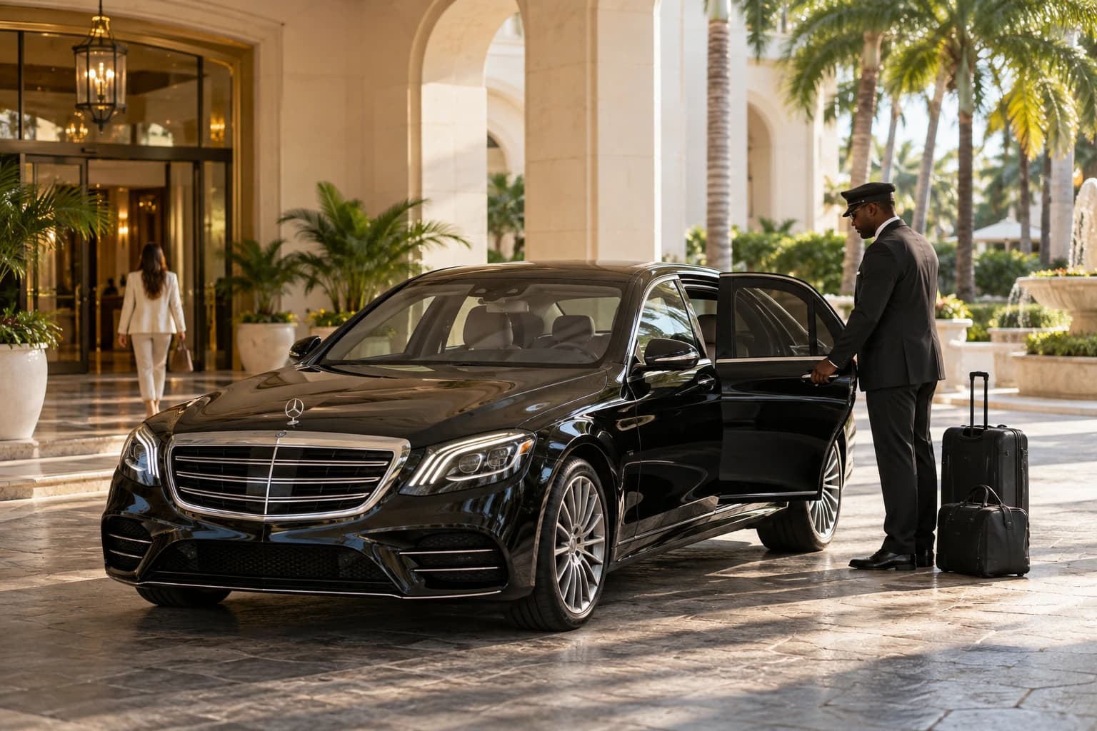 Chauffeur loading luggage into a black luxury vehicle outside a hotel entrance.