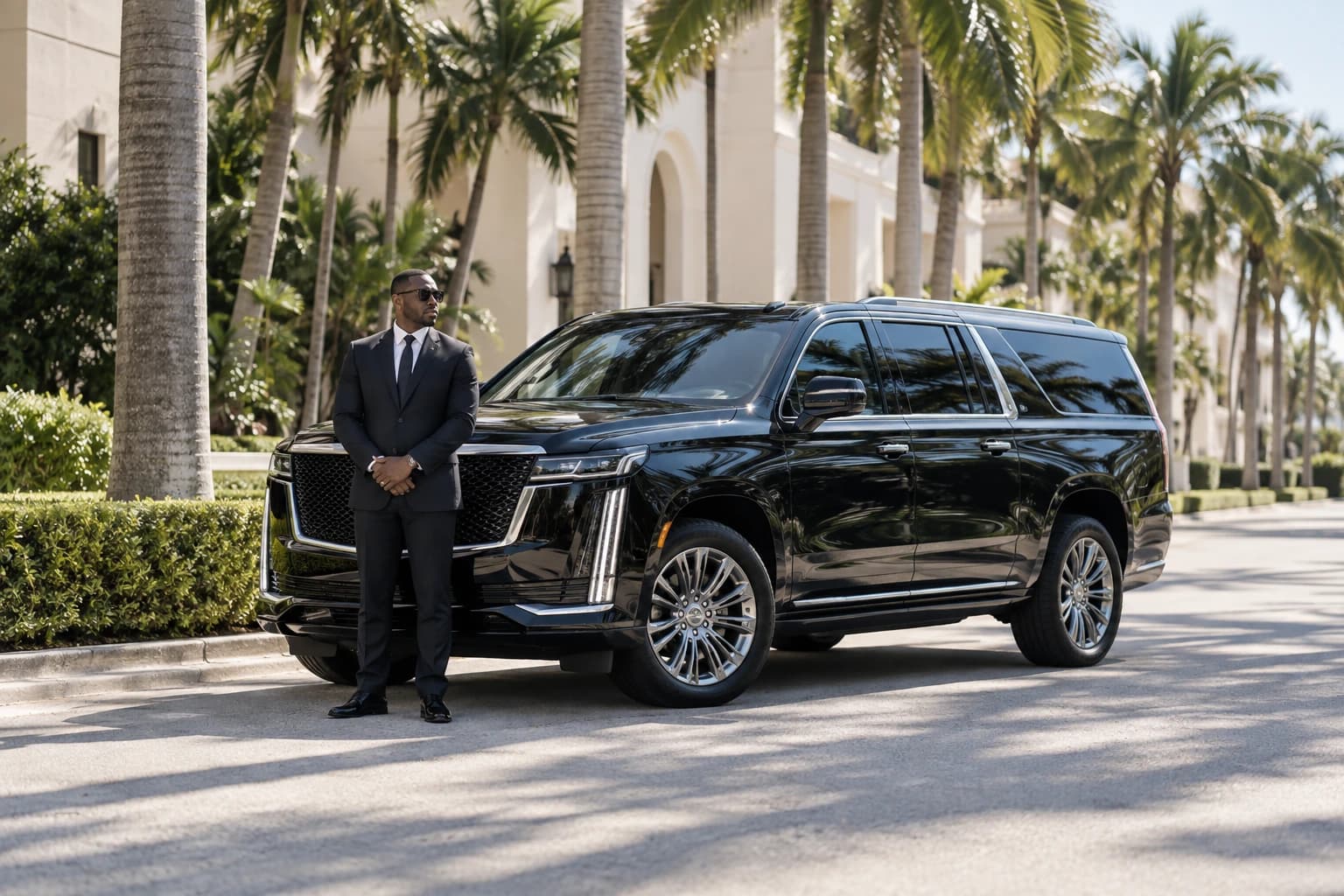 Professional chauffeur waiting beside a black luxury SUV on a palm-lined street.
