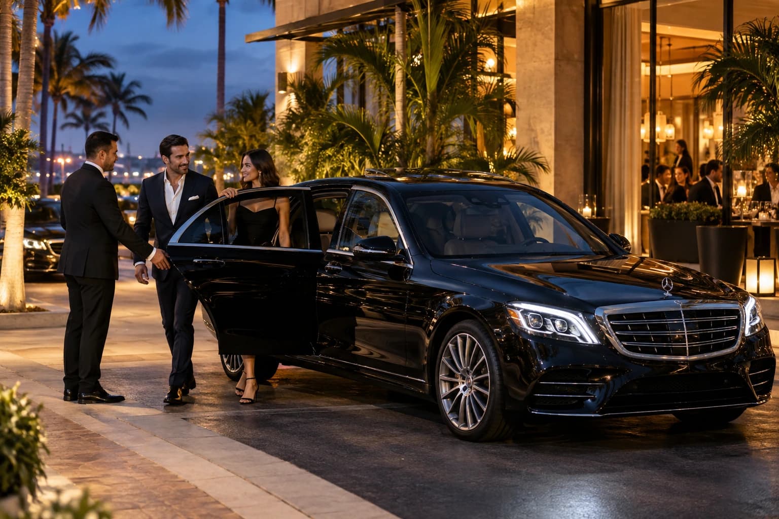 Chauffeured luxury vehicle waiting for guests on a night out.