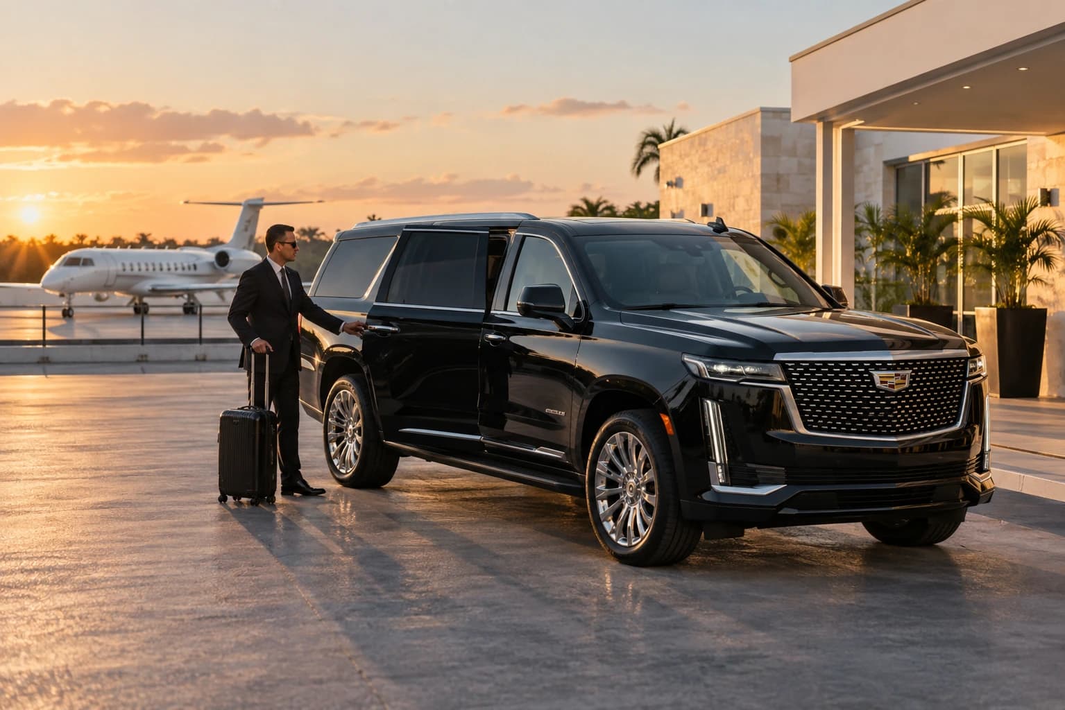 Chauffeur waiting beside a black luxury vehicle near a private jet.
