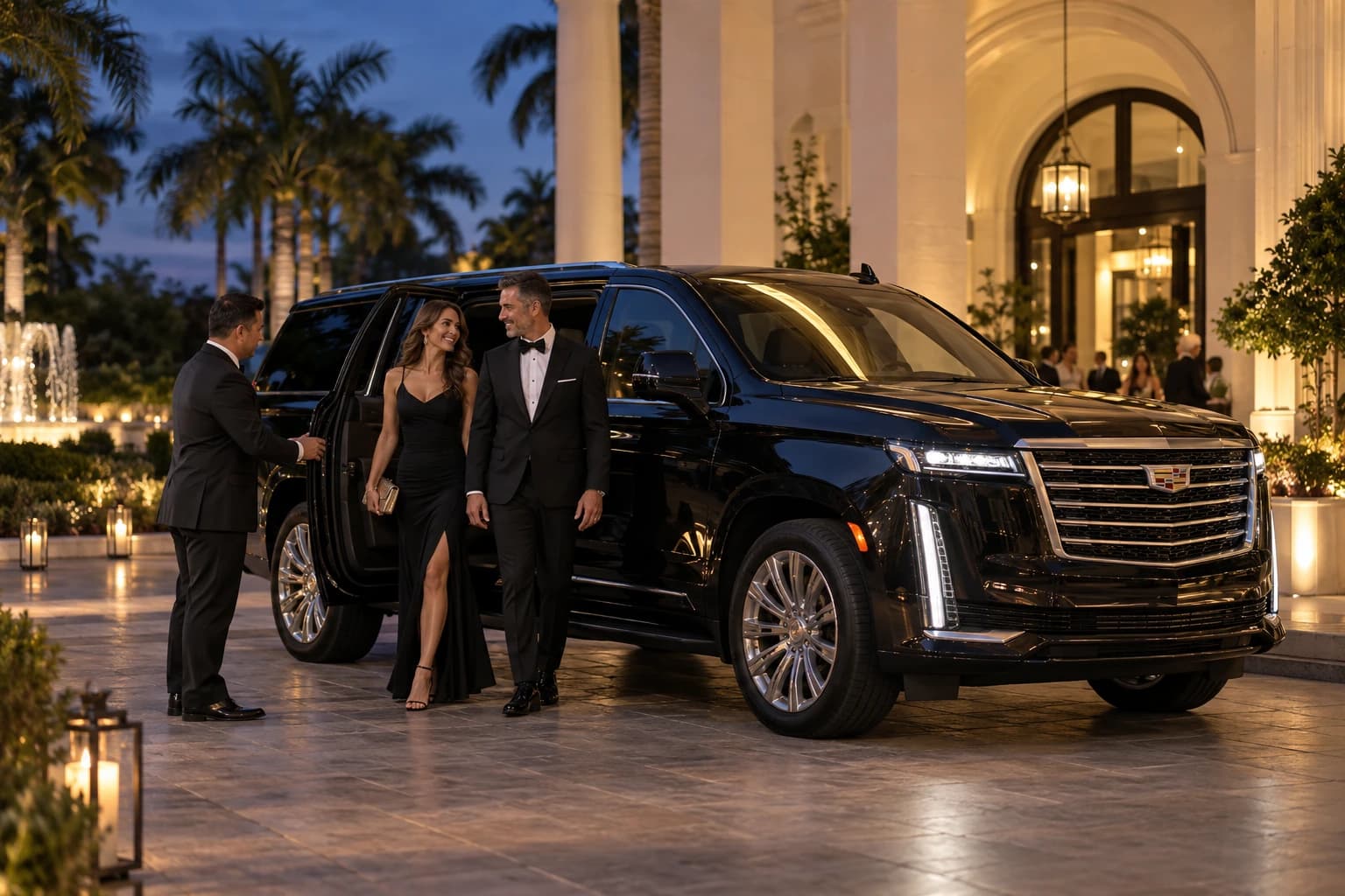 Chauffeured luxury vehicle arriving at a special event.
