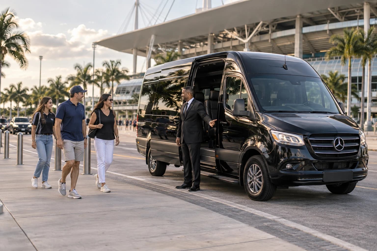 Chauffeured luxury vehicle arriving at a stadium on game day.