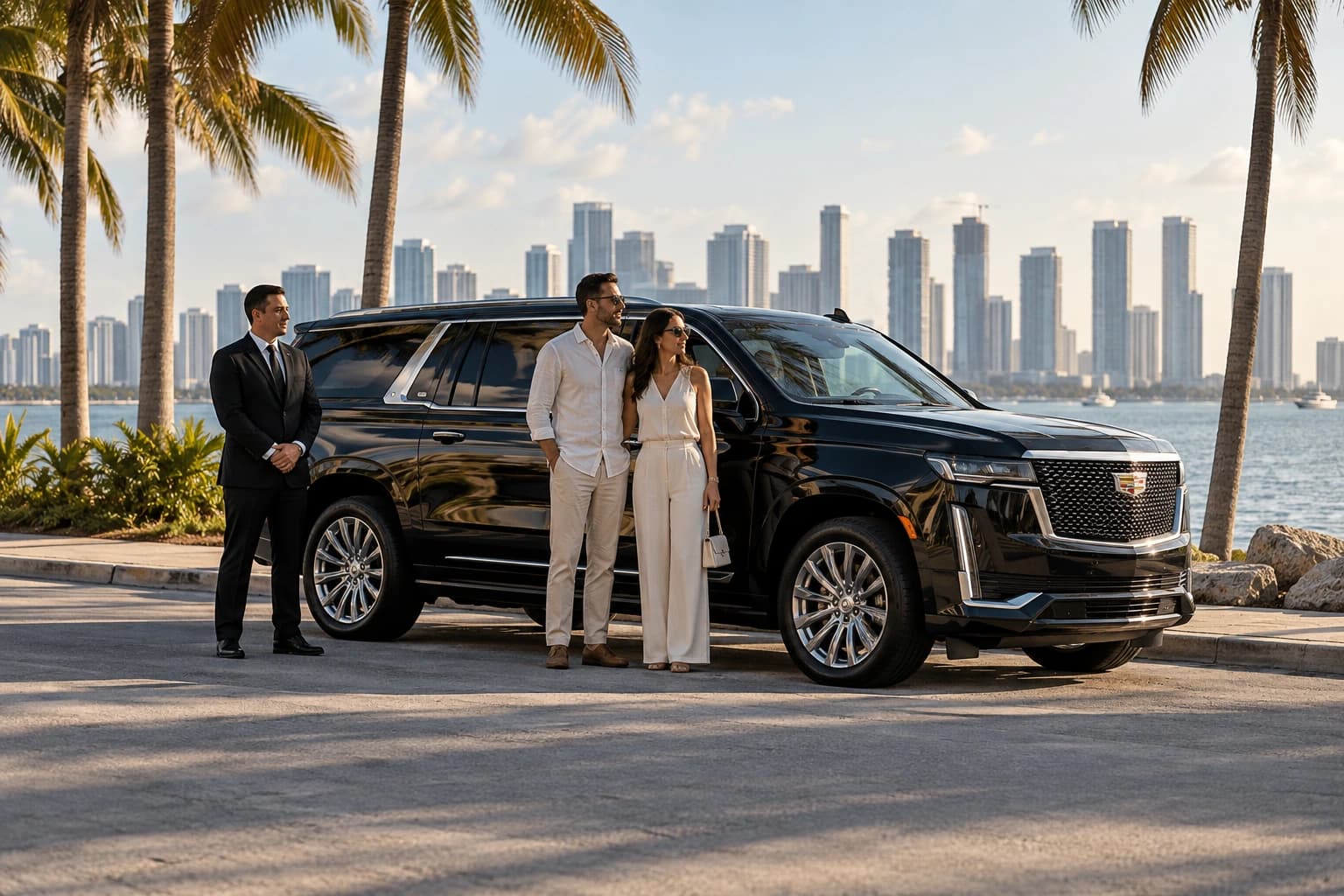A couple and their chauffeur beside a black SUV on a waterfront drive.