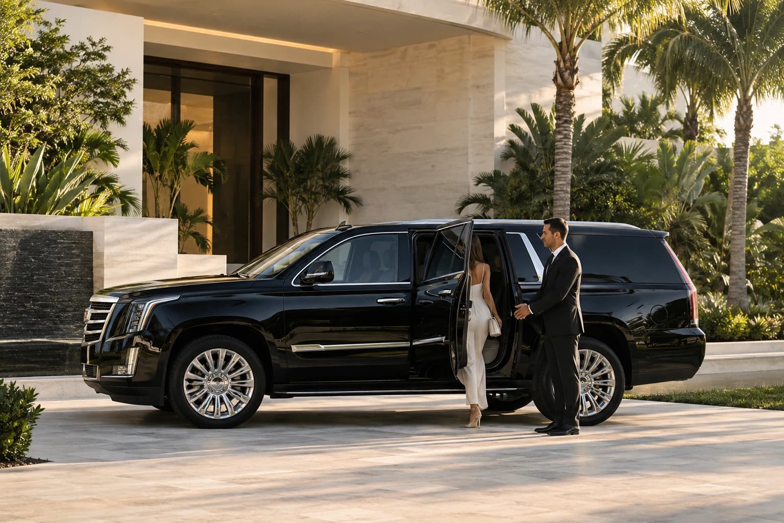 Chauffeur welcoming a guest beside a black luxury SUV outside a private property.