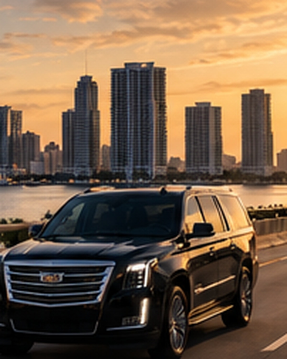 Black SUV by the waterfront at sunset.